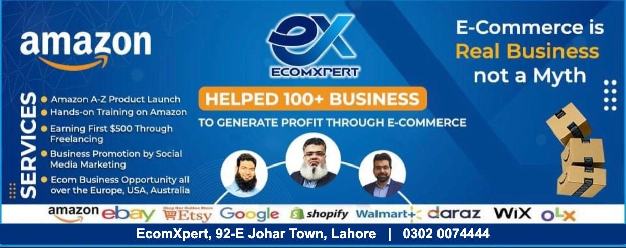 EcomXpert banner: helped 100+ businesses generate profit through e-commerce, 92-E Johar Town, Lahore